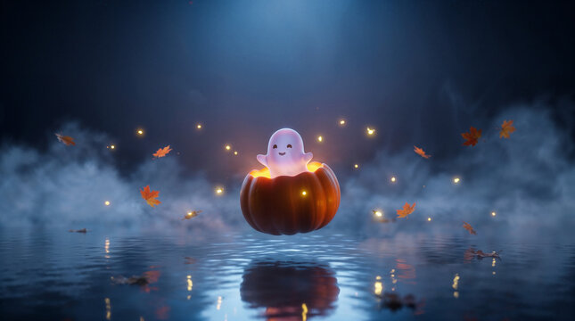 Cute little ghost sitting inside a glowing orange pumpkin over dark reflective water with autumn leaves and magical fireflies