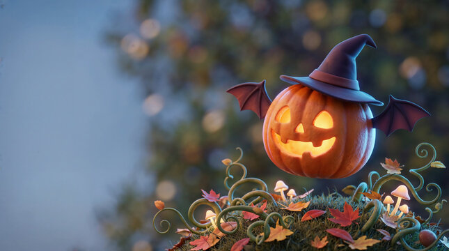 Cute 3D rendered jack-o-lantern pumpkin character with witch hat and bat wings hovering in autumn garden