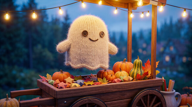 Cute knitted ghost character with button eyes floating over a rustic wooden autumn harvest cart with pumpkins
