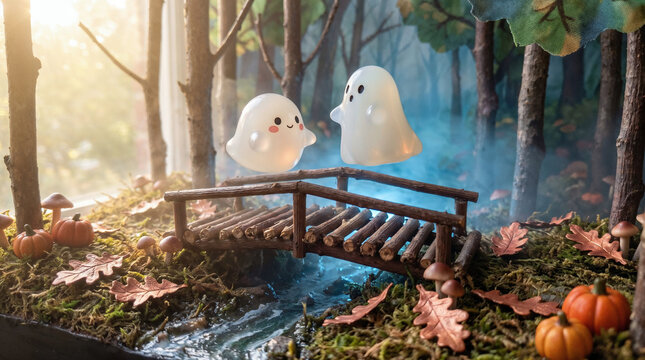 Two cute glowing ghosts floating above a rustic wooden bridge in a magical autumn forest with pumpkins