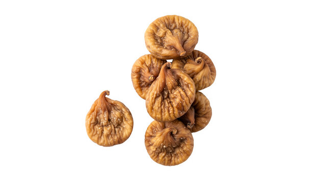 Dried figs isolated on white background, group of sweet dehydrated organic fig fruits, brown textured sun-dried snacks for healthy nutrition