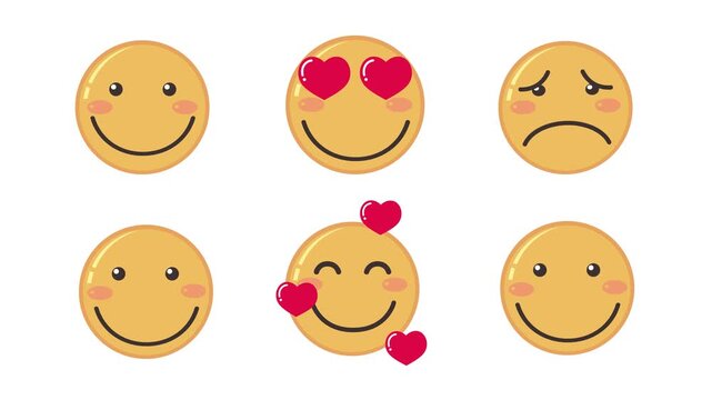 animated emoji face expressions set on white background including happy, sad, and in love, showing dynamic emotional range.