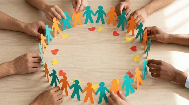 Diverse Hands Holding Hands Together Form A Circular Chain Of Colorful Paper People Figurines With Hearts Symbolizing Community Cooperation And Unity