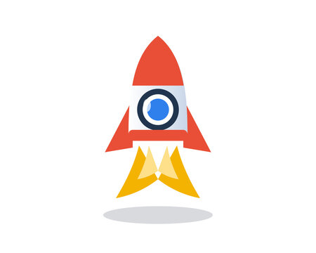 Cartoon rocket launching with flames, isolated on transparent background