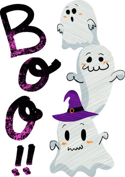 ハロウィンの可愛いおばけとBoo文字の手描き風ポップイラスト