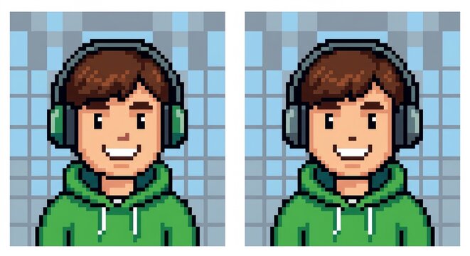 Pixel art young gamer boy wearing headphones and green hoodie