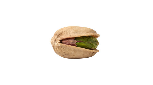 Roasted pistachio nut in shell, single salted pistachio seed on white background, organic green nut kernel for healthy snack packaging