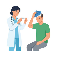 Fototapeta premium Female Doctor Checking Feverish Patient with Ice Pack and Thermometer