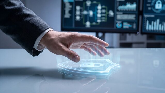 Cybersecurity threat protection platform, IT professional activating holographic security shield with lock icon above digital table with network monitoring and lock dashboards on screens