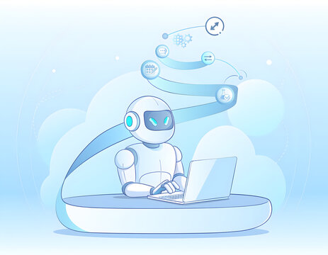 Cute AI robot working on a laptop with data flow and cloud computing vector illustration