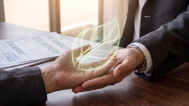 ESG sustainability reporting strategy, two business executives sharing holographic leaf symbol above desk with ESG report and sustainability goals documents, green partnership, environmental