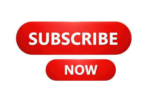 Red subscribe now buttons isolated on transparent background for social media promotion.