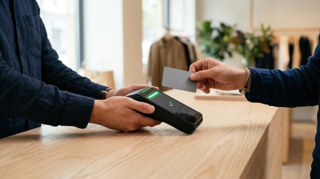 Customer paying with credit card using contactless payment terminal at store checkout counter