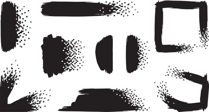 Assorted black ink brush strokes and square frames featuring a halftone pixel dispersion effect isolated on a plain white background area