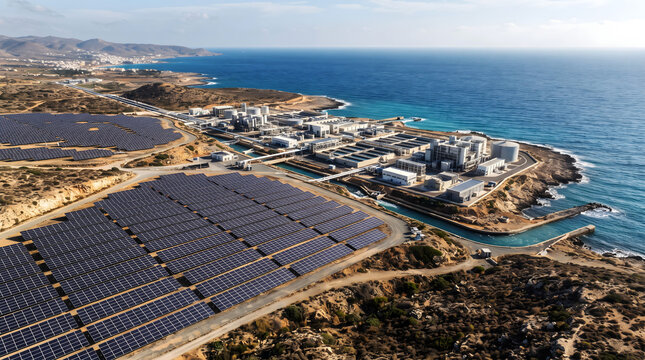 Solar powered water desalination plant on coastal shore aerial view photo, massive ground mounted photovoltaic array powering seawater desalination facility and storage tanks, and clean energy graphic