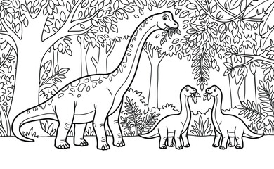 Fototapeta premium Dinosaur Father and Twins Eating Jungle Leaves Coloring Page, Brachiosaurus Family Tree Scene