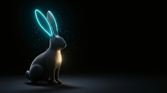 Sitting white rabbit with glowing neon blue ears on black background easter bunny glow light cute animal spring holiday rabbit figurine dark background easter