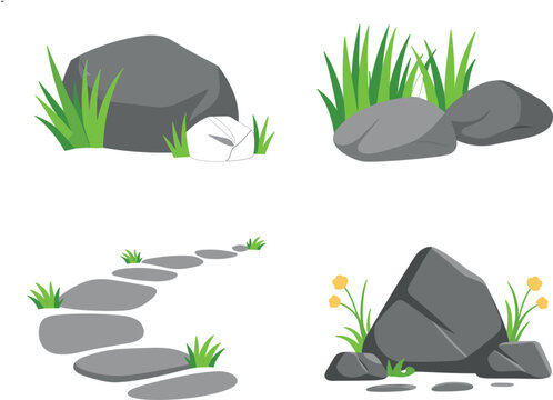 Garden stone boulders and stepping path flat vector illustration collection, landscape design element set