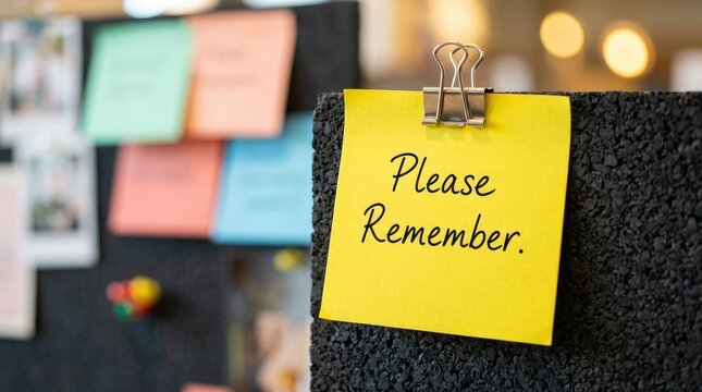 Yellow sticky note with please remember text attached to a dark black cork notice board