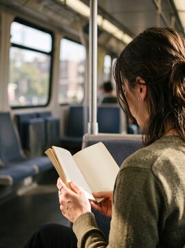 Woman reading book on train inside public transportation with warm natural light, creating peaceful commuting moment and quiet personal escape for readers during travel