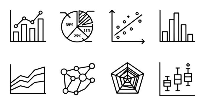 Modern Data Visualization Icons, Set of 8 Vector Graphics for Analytics and Business Reports, Clean Line Art Charts and Diagrams