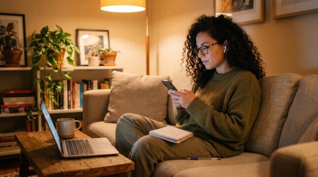 Woman using laptop and smartphone in warm living room