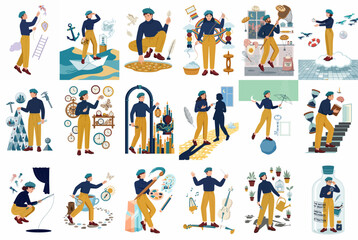 Fototapeta premium Collection of eighteen conceptual vector illustrations depicting a person navigating life, work, personal growth, and mental health challenges in a stylized artistic manner.