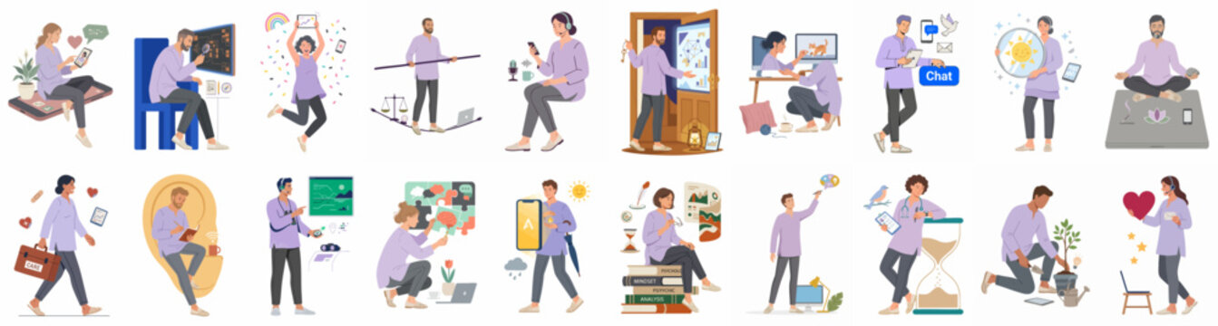 Set of vector illustrations showing diverse people engaged in daily life activities, work, technology use, and wellness practices on a clean background.