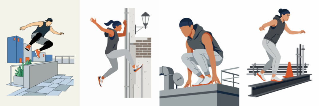 Illustrations of an athletic man performing parkour maneuvers like jumping, climbing, and balancing in various urban city settings.