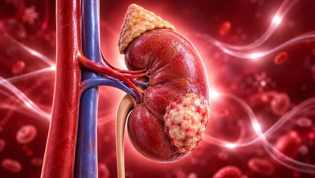 3D medical illustration showing human kidney with malignant tumor, highlighting renal cancer pathology, anatomy, and disease progression
