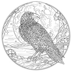 Obraz premium A raven in the forest and the full moon in round frame.Coloring book antistress for children and adults. 