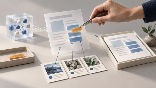 Human Hand Curating AI Data Models and Content Elements 3D Render
