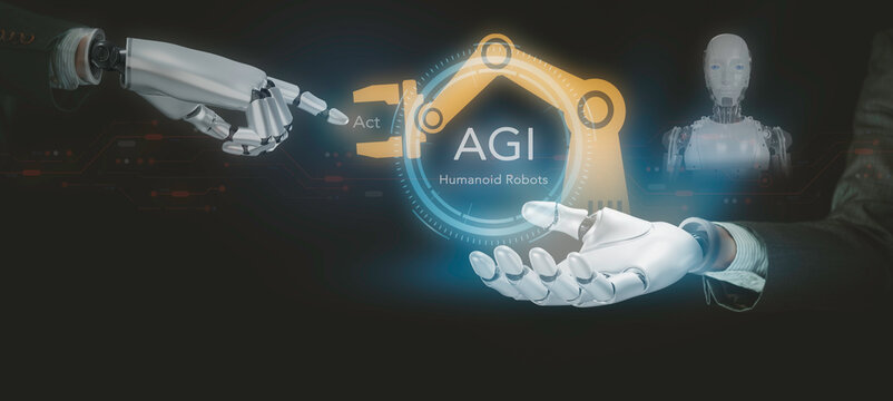 Robotic hand pointing to AGI humanoid concept. Artificial general intelligence, robotic arm action, machine learning, cybernetic automation, interactive display, and future technology.