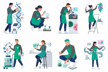 Fototapeta premium Diverse scientists and biotechnologists working in laboratory settings, conducting genetic research, plant study, and microbiology experiments using advanced equipment and technology.