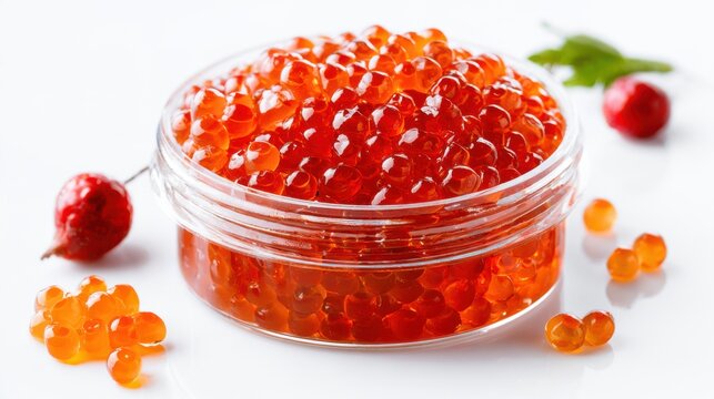 A close-up shot of a jar filled with vibrant red caviar, surrounded by a few scattered roe and a sprig of greenery.