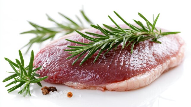 A raw duck breast is presented with rosemary sprigs and peppercorns, ready for cooking