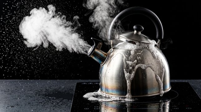 A dented stainless-steel whistling kettle boiling over on an induction plate, shooting pressurized steam and bubbling water foam down its scorched sides.