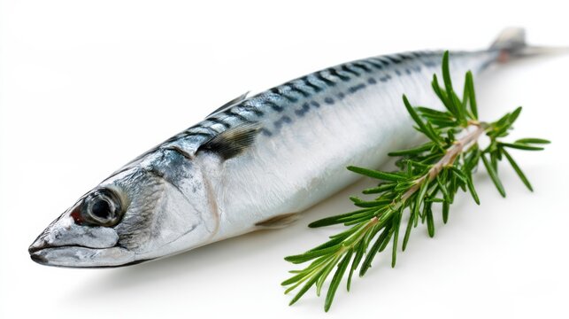 A whole mackerel fish placed on a white background next to a sprig of rosemary