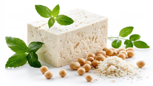 A block of tofu surrounded by soybeans and fresh green basil leaves, with a small pile of soy flour. This healthy and versatile ingredient is perfect for vegetarian and vegan cooking