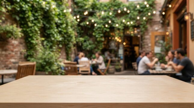 Cozy Outdoor Caf&eacute; Scene Warm Lighting Wooden Tables Modern Restaurant Patio Dining