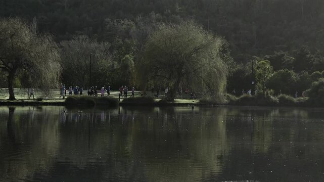 A group of people are running near a tranquil lake, with trees and hills in the background, and their reflections shimmering on the water's surface