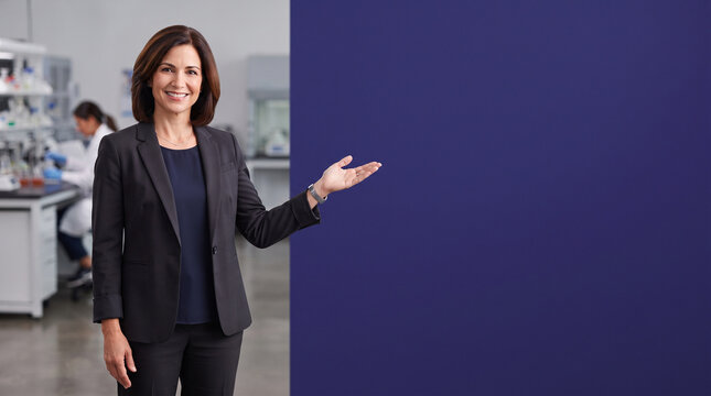 A woman in a dark blazer stands in a laboratory setting and gestures with her hand toward ad social media download thambnail poster web template event festival 2026 2027 2028