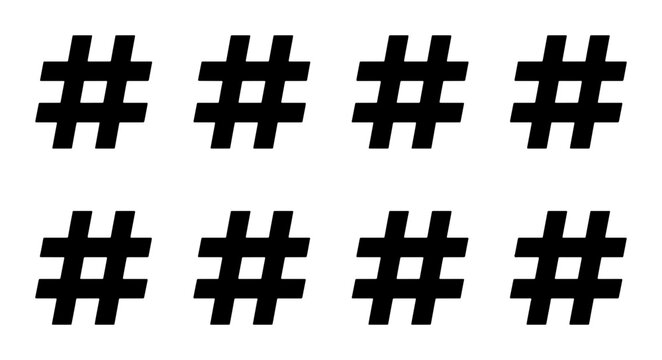 Hashtag icon vector set, black bold hashtag symbol collection for social media design