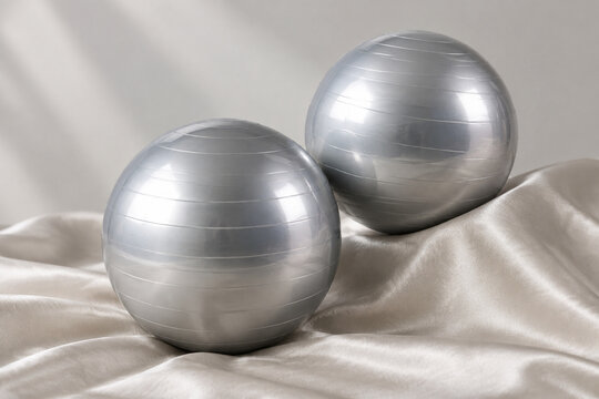 Two polished Chinese exercise balls on a textured silk cloth.