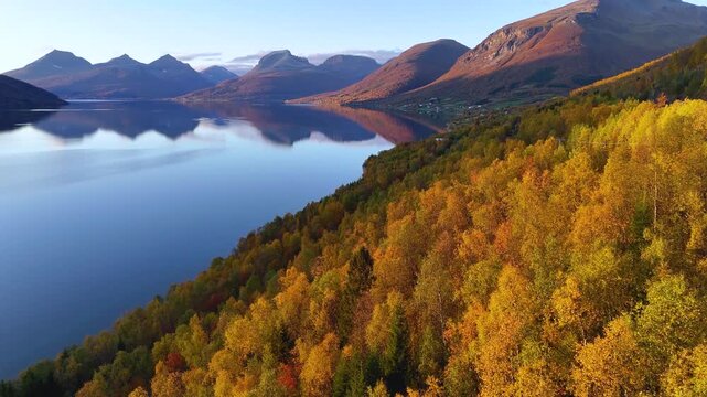 Aerial view of Abisko National Park, Sweden during autumn, golden sunlight illuminates the lakes. Scenic landscape of Abisko National Park in Swedish Lapland wilderness with wetlands and distant peaks