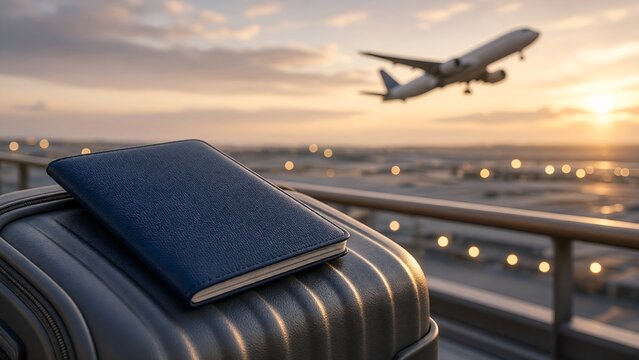 Passport on Suitcase at Airport with Airplane Taking Off at Sunset for Vacation Travel