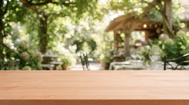 Blurred wooden tabletop showcases warm natural lighting perfect for caf&eacute;, restaurant, or outdoor dining backdrop in marketing banners and web design.