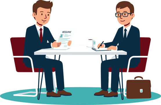  Two Businessmen Conducting Job Interview and Reviewing Resume Document at Office Desk for Corporate Recruitment and Human Resources Vector Design