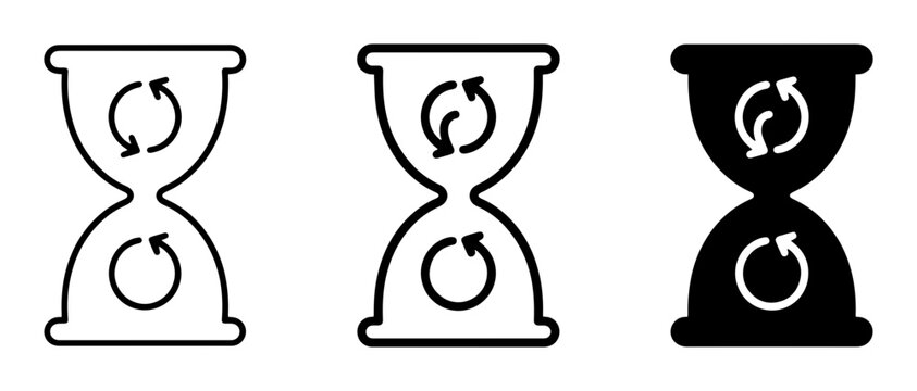3 Hourglass icons with refresh arrows, outline and solid styles, UI and web interface design