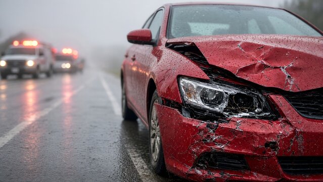 Damaged Red Car After a Severe Traffic Collision on Wet Road with Emergency Vehicles